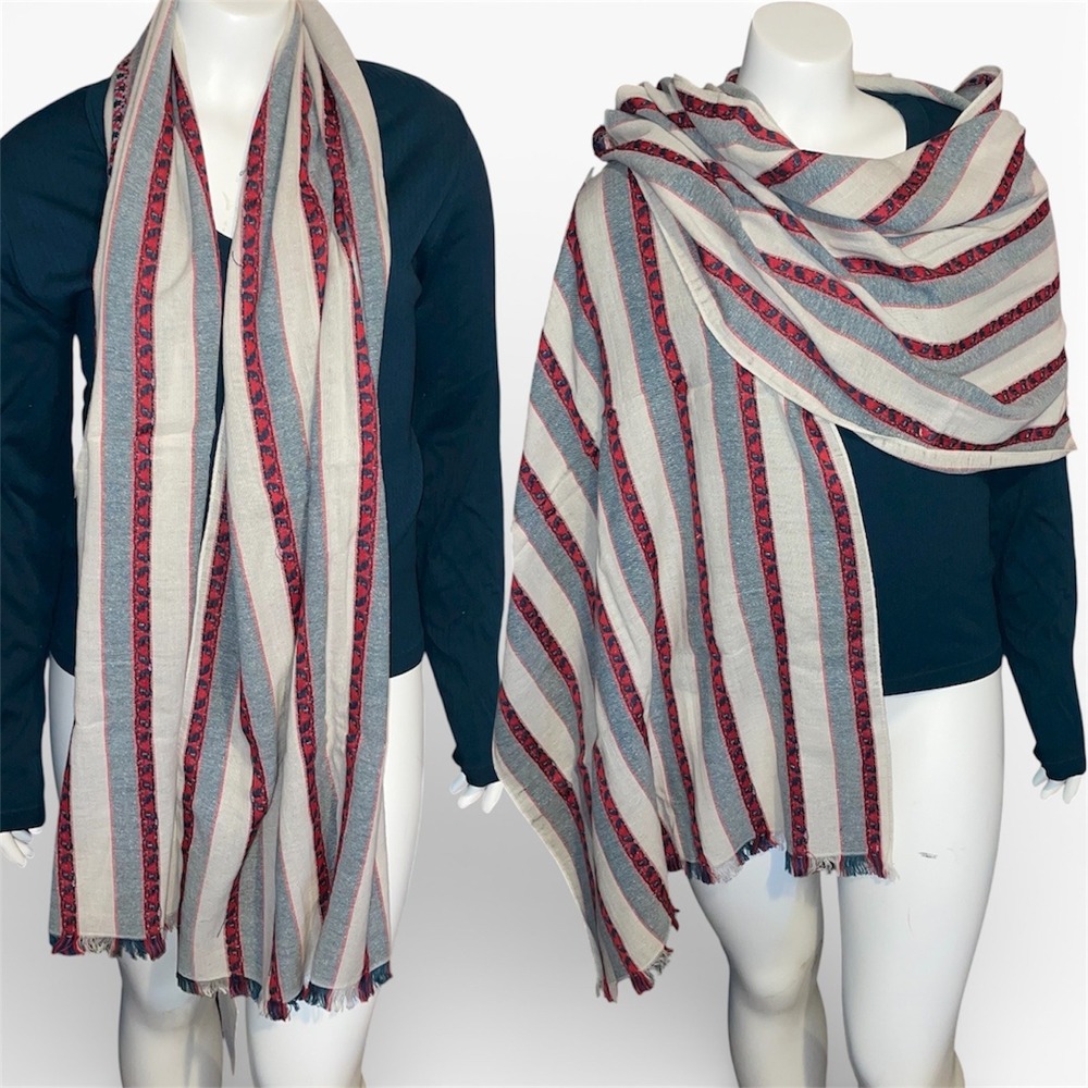 Alliance Merchandising Cotton Silk Striped Wrap Scarf‎ Blue Red Cream Fringe